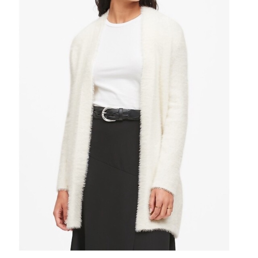Banana Republic Ivory White Fuzzy Long Cardigan Sweater Sz XS